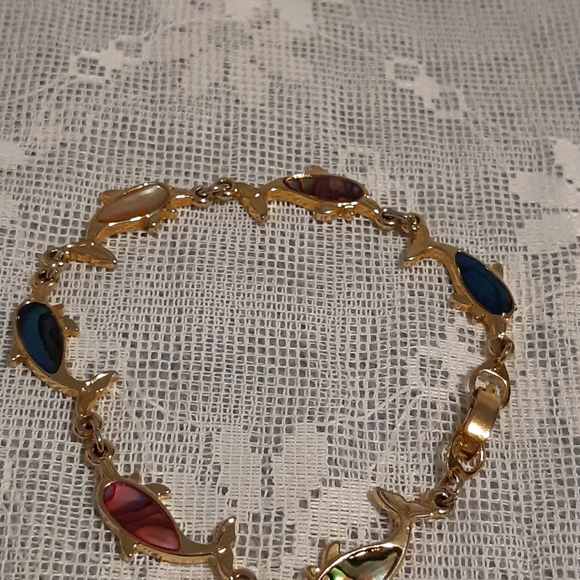 Womans Rainbow Abalone Gold Tone Dolphin Bracelet 8.5" Long - Picture 3 of 9